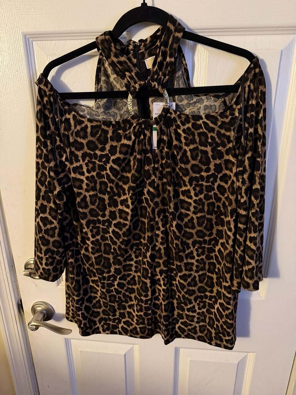 Michael Kors Leopard Print Cold Shoulder Blouse Top with Hardware Detail